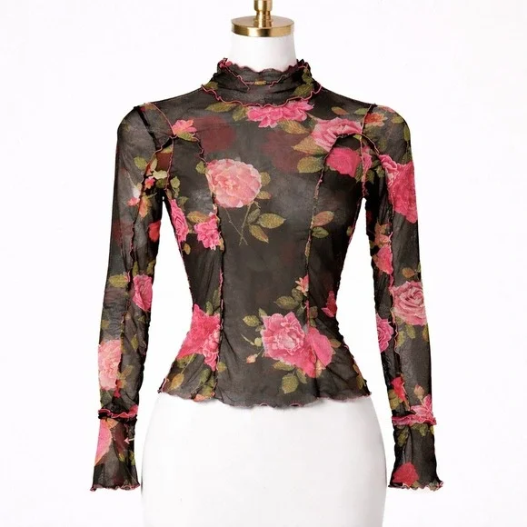 Free People Charlie Sheer Mesh Floral Top Women's Small Lettuce Neck Whimsigoth - Picture 1 of 8